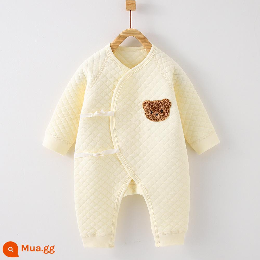 Mùa Thu Đông Quần Áo Sơ Sinh 3 Lớp Ấm Áp Cho Bé Jumpsuit Kẹp Cotton Lụa Tiger Áo Liền Quần Không Xương Bộ Đồ Ngủ - gấu thêu