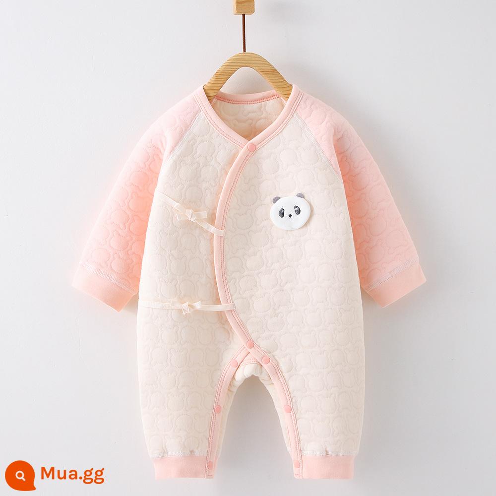 Mùa Thu Đông Quần Áo Sơ Sinh 3 Lớp Ấm Áp Cho Bé Jumpsuit Kẹp Cotton Lụa Tiger Áo Liền Quần Không Xương Bộ Đồ Ngủ - gấu trúc hồng