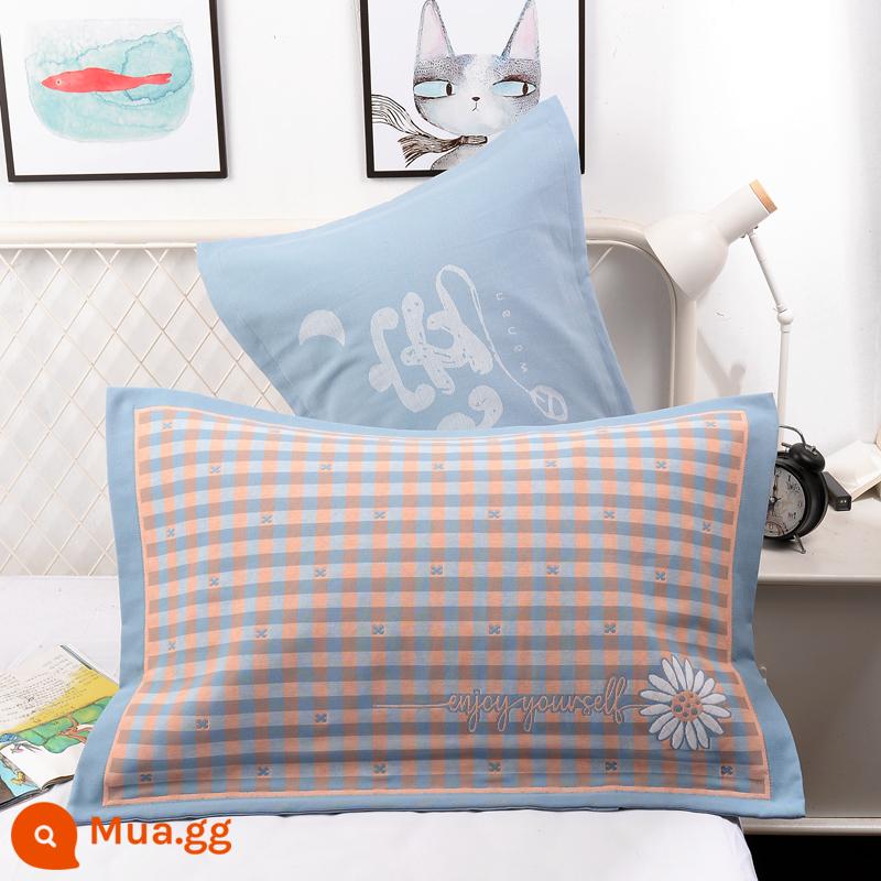 Vỏ gối bằng gạc bông nguyên chất một cặp vỏ gối bằng cotton dày và to đầy đủ Vỏ gối cho người lớn thấm mồ hôi và thoáng khí - Kẻ sọc xanh hoa cúc (cặp)