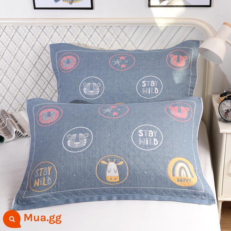 Khăn gối cotton nguyên chất cotton gạc dày vài gối đầu khăn một đôi người lớn Plus bốn mùa gối đơn bao khăn - Sở thú màu xanh 1 đôi