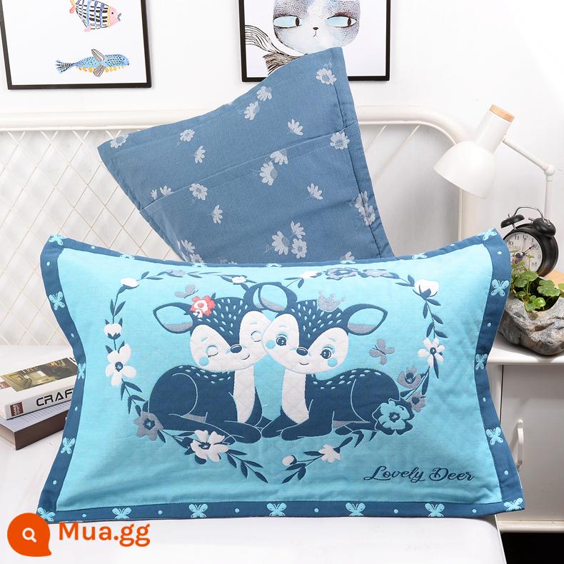 Vỏ gối bằng gạc bông nguyên chất một cặp vỏ gối bằng cotton dày và to đầy đủ Vỏ gối cho người lớn thấm mồ hôi và thoáng khí - Yêu hươu xanh (cặp)