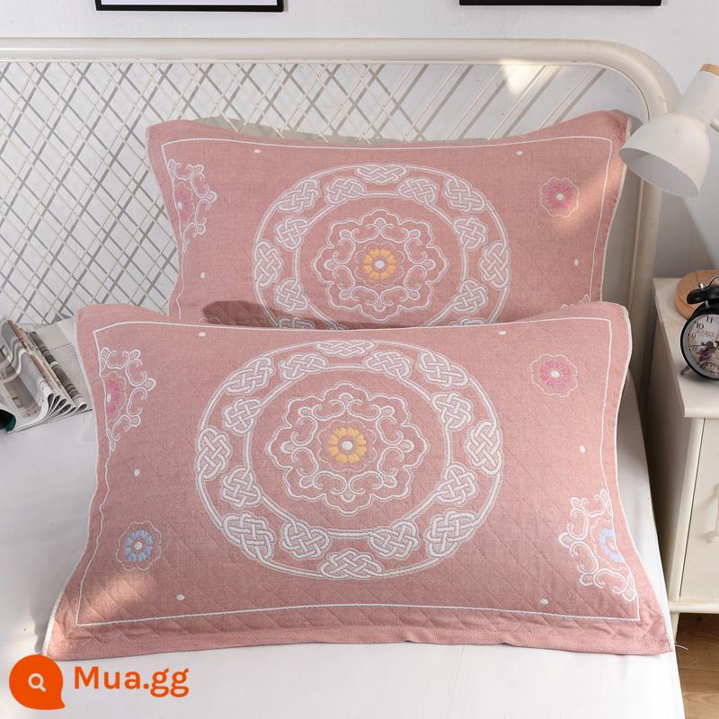 Khăn gối cotton nguyên chất cotton gạc dày vài gối đầu khăn một đôi người lớn Plus bốn mùa gối đơn bao khăn - Trojan hồng 1 đôi