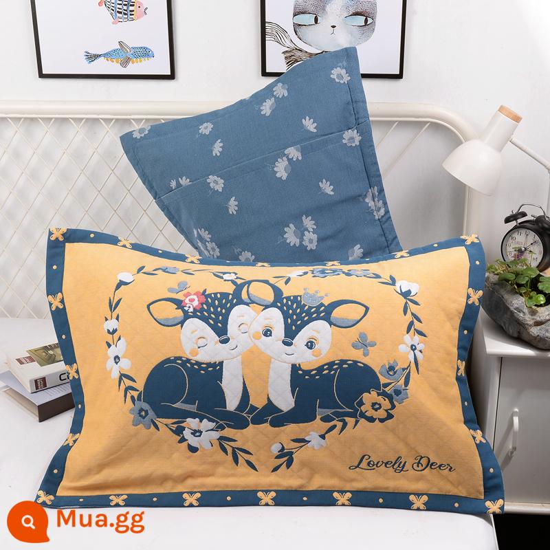 Vỏ gối bằng gạc bông nguyên chất một cặp vỏ gối bằng cotton dày và to đầy đủ Vỏ gối cho người lớn thấm mồ hôi và thoáng khí - Yêu hươu vàng (cặp)