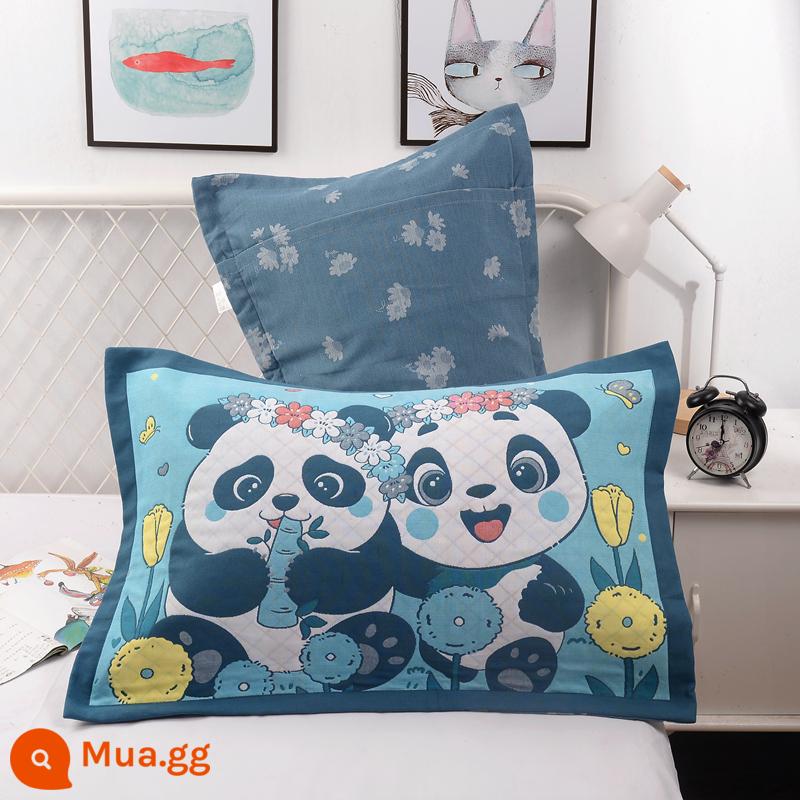 Vỏ gối bằng gạc bông nguyên chất một cặp vỏ gối bằng cotton dày và to đầy đủ Vỏ gối cho người lớn thấm mồ hôi và thoáng khí - Gấu trúc xanh khổng lồ (cặp)