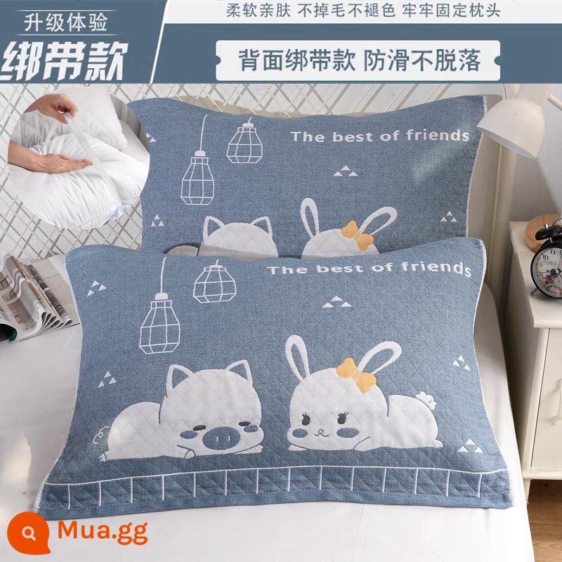 Khăn gối cotton nguyên chất cotton gạc dày vài gối đầu khăn một đôi người lớn Plus bốn mùa gối đơn bao khăn - [Dây đeo] 1 đôi màu xanh pet dễ thương