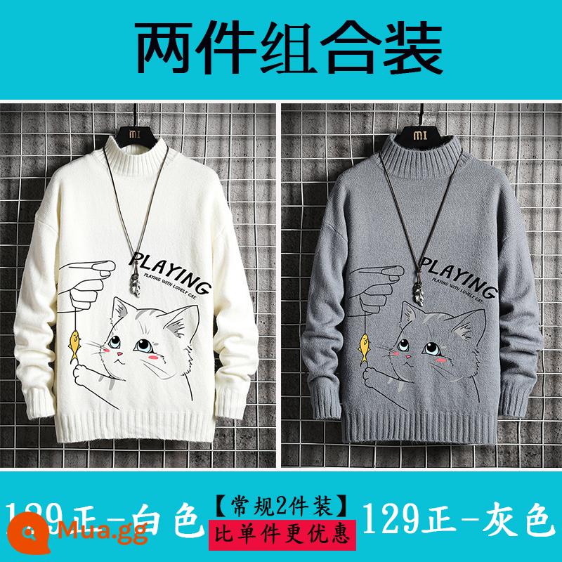 Nam nửa áo len cao cổ Plus nhung dày quần áo mùa đông học sinh size lớn áo len cashmere ấm áp áo len nam mùa thu đông - 129 màu trắng tinh khiết + 129 màu xám thuần khiết