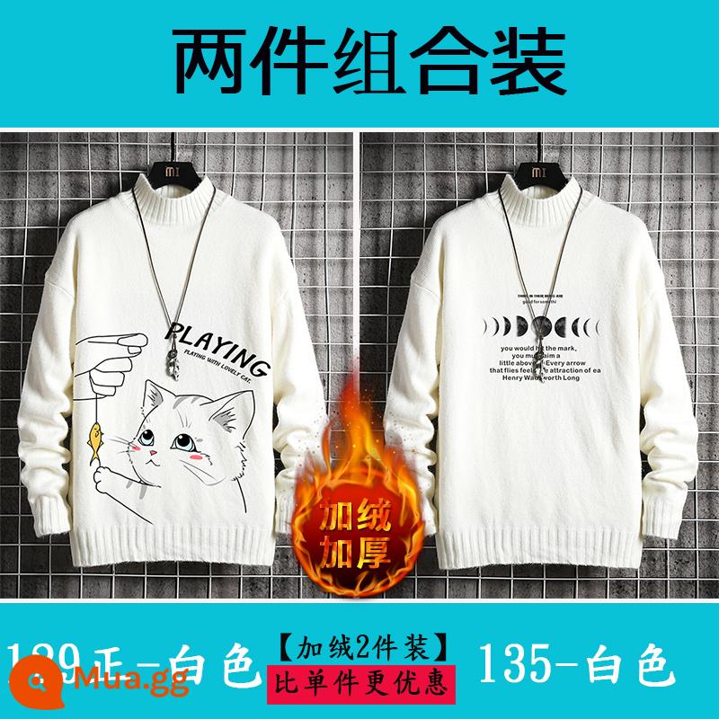 Nam nửa áo len cao cổ Plus nhung dày quần áo mùa đông học sinh size lớn áo len cashmere ấm áp áo len nam mùa thu đông - Plus nhung 129 trắng tinh khiết + 135 trắng