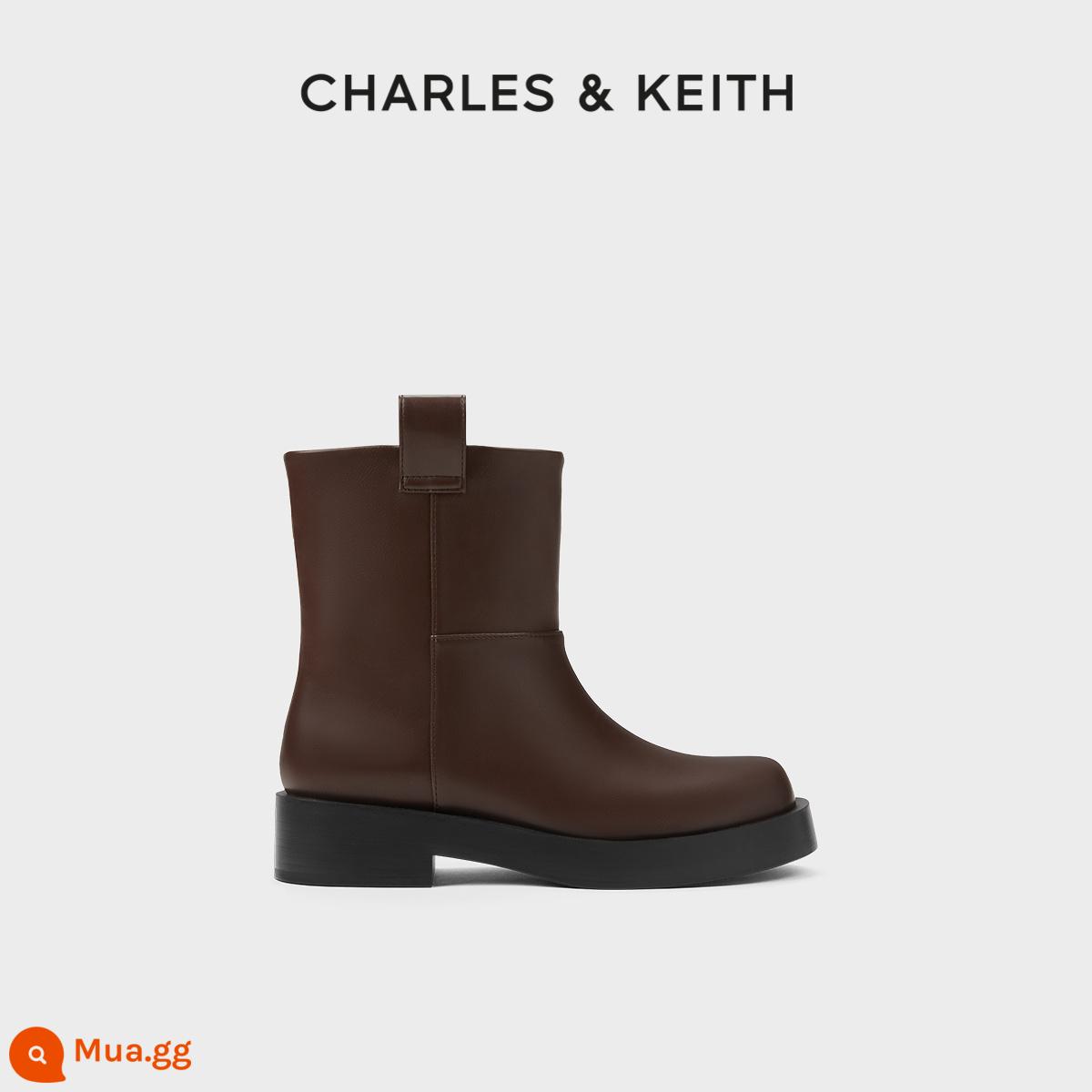 CHARLES&KEITH23 phong cách mùa đông mới CK1-90380148 Giày bốt cổ ngắn mũi tròn đế dày tay ngắn đơn giản dành cho nữ - Nâu đậmNâu đậm