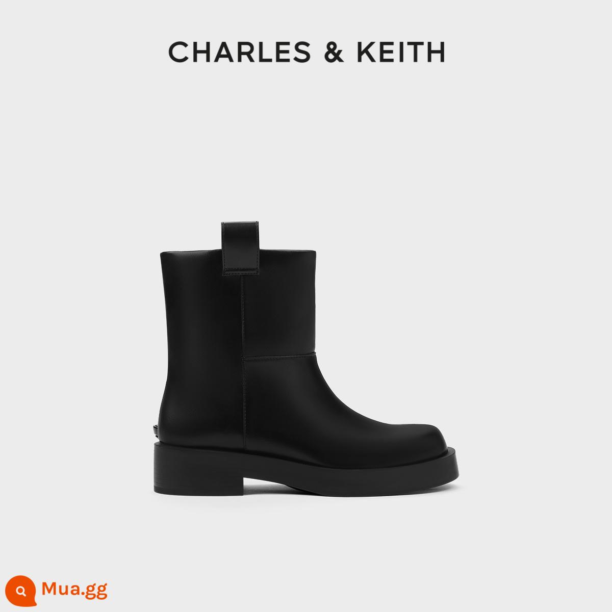 CHARLES&KEITH23 phong cách mùa đông mới CK1-90380148 Giày bốt cổ ngắn mũi tròn đế dày tay ngắn đơn giản dành cho nữ - đen đen