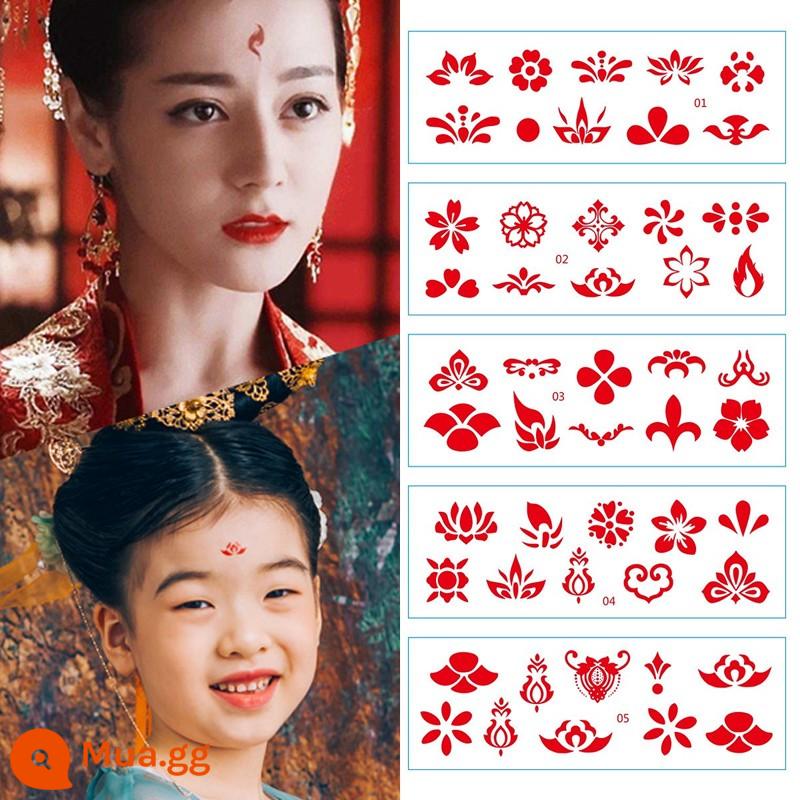 Miếng dán lông mày in trán trang phục cổ tích, miếng dán hình xăm phong cách cổ điển Hanfu, miếng dán trán hoa trẻ em, miếng dán mặt trang điểm năm mới - Bộ decal dán lông mày 5 tờ (mới) - tổng cộng khoảng 50 miếng dán