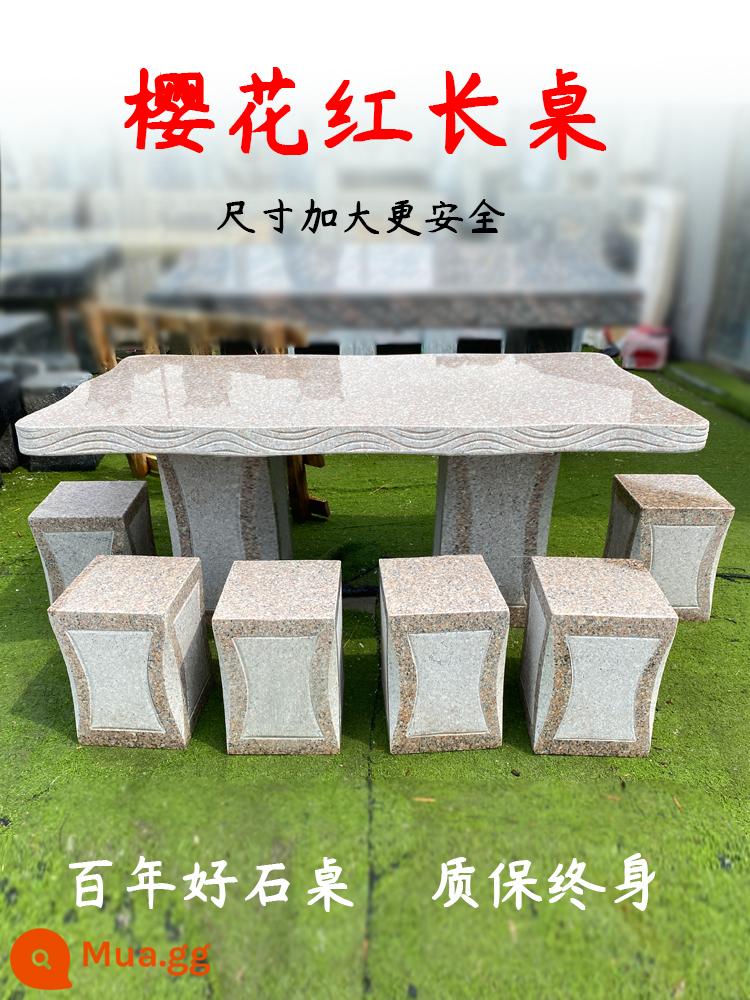 Bàn đá ghế đá sân vườn ngoài trời bộ nhà công viên hình chữ nhật đá granite đầu bàn ghế - Bàn và sáu ghế đẩu 150 * 85cm màu đỏ Sakura [mẫu bán chạy ổn định]