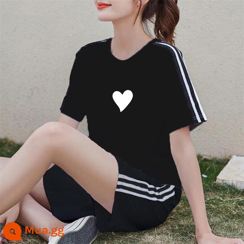 Áo thun ngắn tay + quần short cotton nguyên chất giản dị Bộ đồ thể thao nữ mùa hè 2022 bộ đồ hai mảnh thời trang mới hợp thời trang - Bộ vest đen XY539