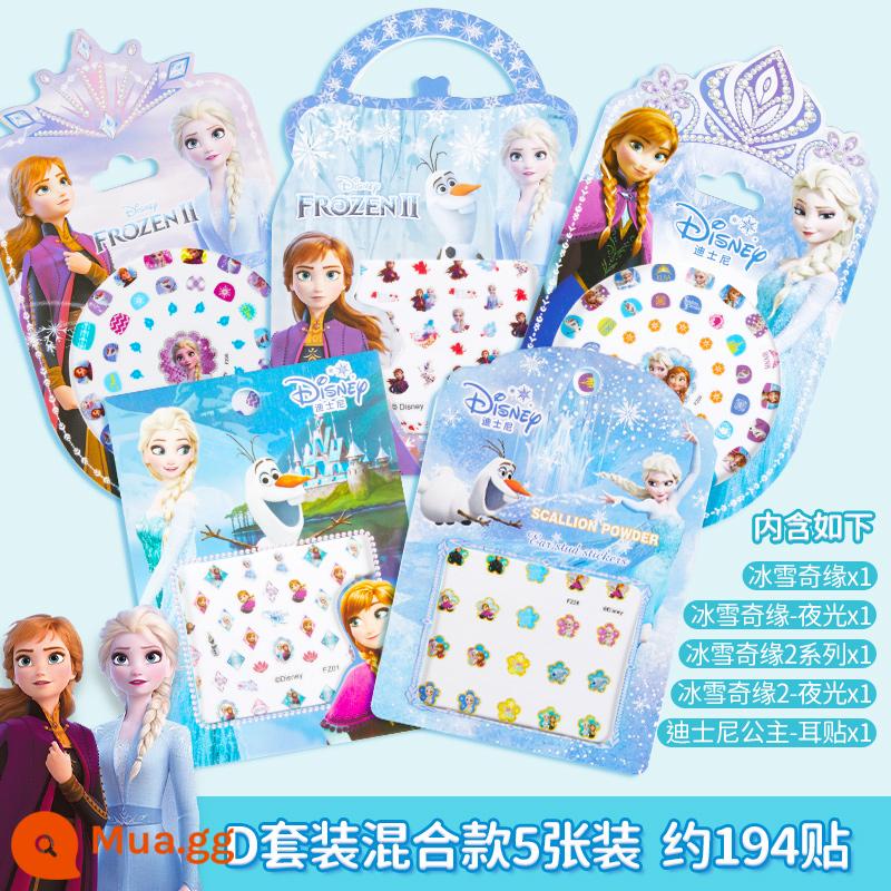 Disney Dán Móng Tay Trẻ Em Không Độc Hại Và Không Mùi Cô Gái Frozen Elsa Công Chúa Dán Móng Tay Cho Bé - Bộ D set 5 món phong cách hỗn hợp (miếng dán móng tay + hạt tai + dạ quang)