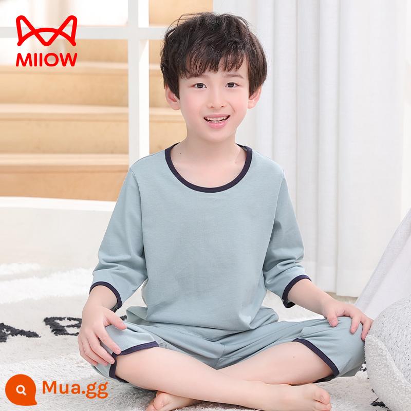 Mèo Người Đồ Ngủ Trẻ Em Bé Trai Mùa Hè Phần Mỏng Ngắn Tay Cotton Nguyên Chất Lớn Điều Hòa Quần Áo Ở Nhà Bộ Quần Áo Cotton - Nước phun sương xanh [100% cotton, mềm mại và thân thiện với da]