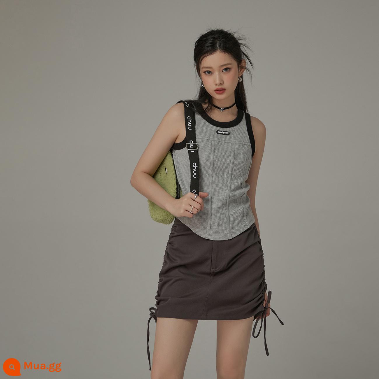 CHUU hot girl vest nhỏ nữ xuân hè 2023 sản phẩm mới phần ngắn phối màu dáng ôm vừa vặn sang trọng dây treo hình chữ I - Phiên bản xương cá màu xám nhạt