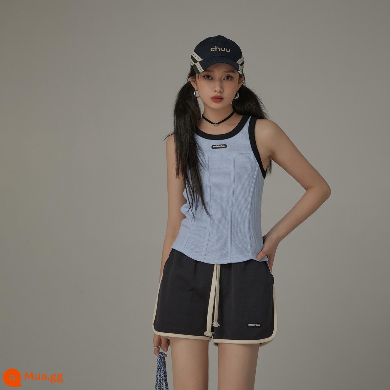 CHUU hot girl vest nhỏ nữ xuân hè 2023 sản phẩm mới phần ngắn phối màu dáng ôm vừa vặn sang trọng dây treo hình chữ I - Phiên bản xương cá xanh baby