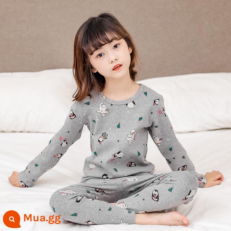 Bộ đồ lót trẻ em cotton nguyên chất bé trai quần áo mùa thu quần vệ sinh cotton bé áo len cotton đồ ngủ quần áo mặc ở nhà mùa xuân thu phần mỏng - Hemp Grey Penguin [Bông nguyên chất loại A dày]