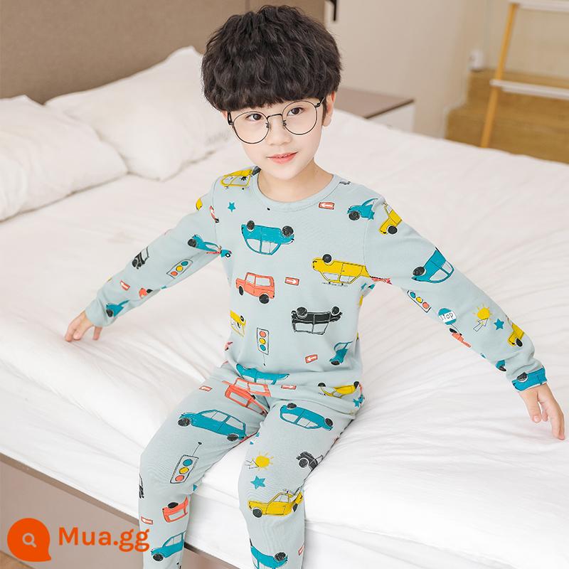 Bộ đồ lót trẻ em cotton nguyên chất bé trai quần áo mùa thu quần vệ sinh cotton bé áo len cotton đồ ngủ quần áo mặc ở nhà mùa xuân thu phần mỏng - Đèn giao thông ô tô màu xanh lam và xanh lục [Bông nguyên chất loại A dày]