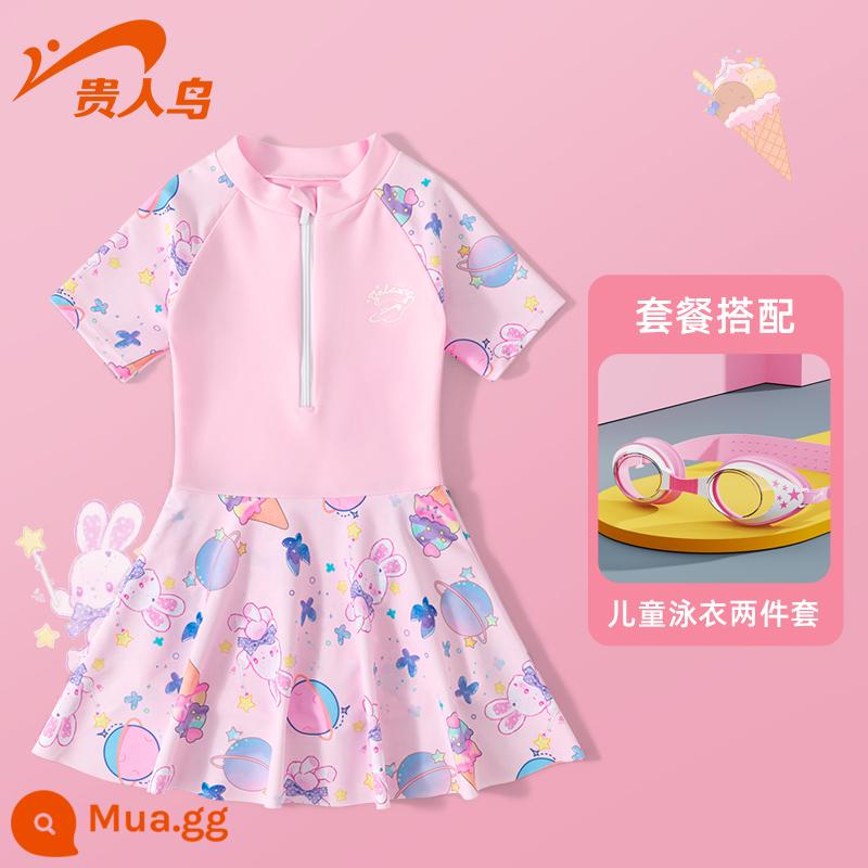 Áo tắm trẻ em Noble Bird 2023 New Girls Summer Big Boy Girl Baby Bơi một mảnh Kem chống nắng Suối nước nóng - Bộ hai mảnh Lotus Pink Planet Rabbit [Áo tắm + Kính bơi HD]