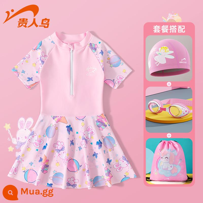 Áo tắm trẻ em Noble Bird 2023 New Girls Summer Big Boy Girl Baby Bơi một mảnh Kem chống nắng Suối nước nóng - Bộ bốn món Thỏ Hành Tinh Hồng Lotus [Áo tắm + Mũ bơi + Kính bơi HD + Túi bơi]