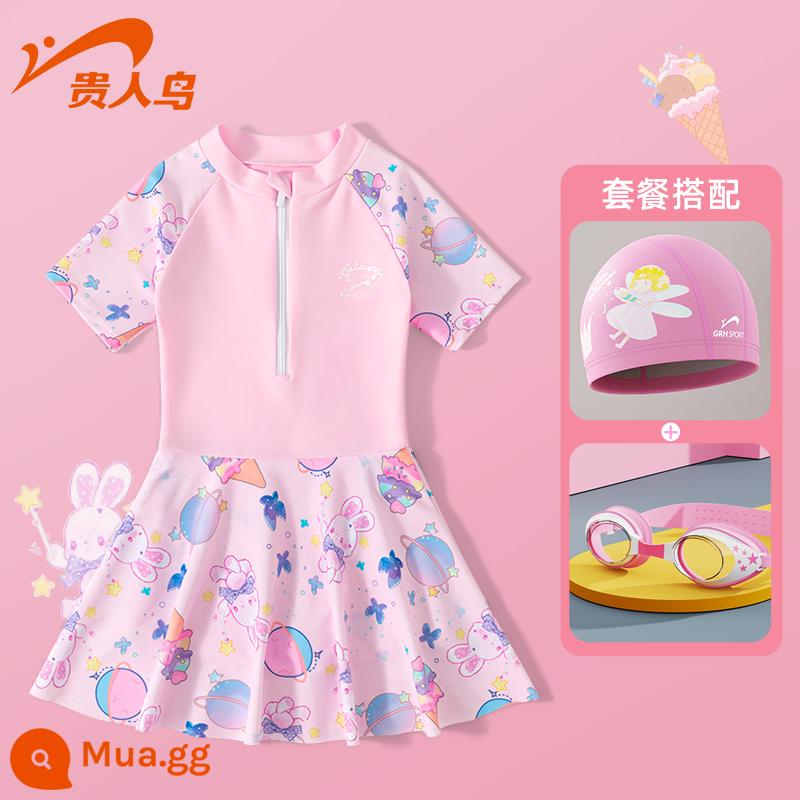 Áo tắm trẻ em Noble Bird 2023 New Girls Summer Big Boy Girl Baby Bơi một mảnh Kem chống nắng Suối nước nóng - Bộ ba món Thỏ Hành tinh Hồng Lotus [Áo tắm + Mũ bơi + Kính bơi HD]