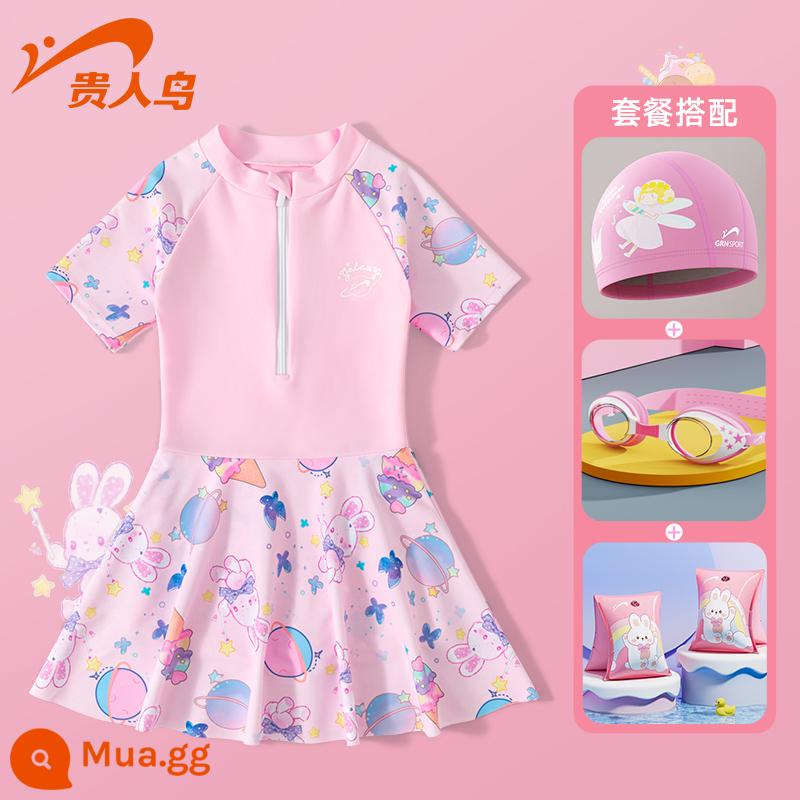 Áo tắm trẻ em Noble Bird 2023 New Girls Summer Big Boy Girl Baby Bơi một mảnh Kem chống nắng Suối nước nóng - Bộ bốn món Thỏ Hành Tinh Hồng Lotus [Áo tắm + Mũ bơi + Kính bơi HD + Vòng tay]