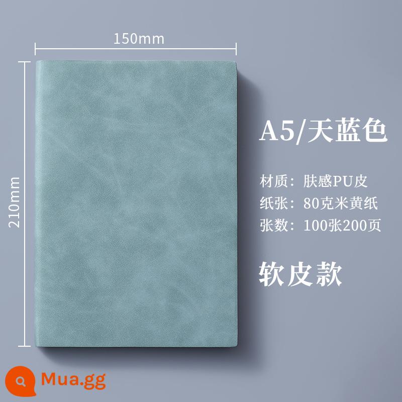 máy tính xách tay a5 có thể in tùy chỉnh LOGO khóa dày máy tính xách tay văn phòng kinh doanh có khắc nhật ký da đơn giản và tinh tế b5 sổ ghi chép cuộc họp lớn sổ làm việc da mềm notepad hộp quà tặng - A5 xanh da trời-200 trang (không khóa + bìa mềm)