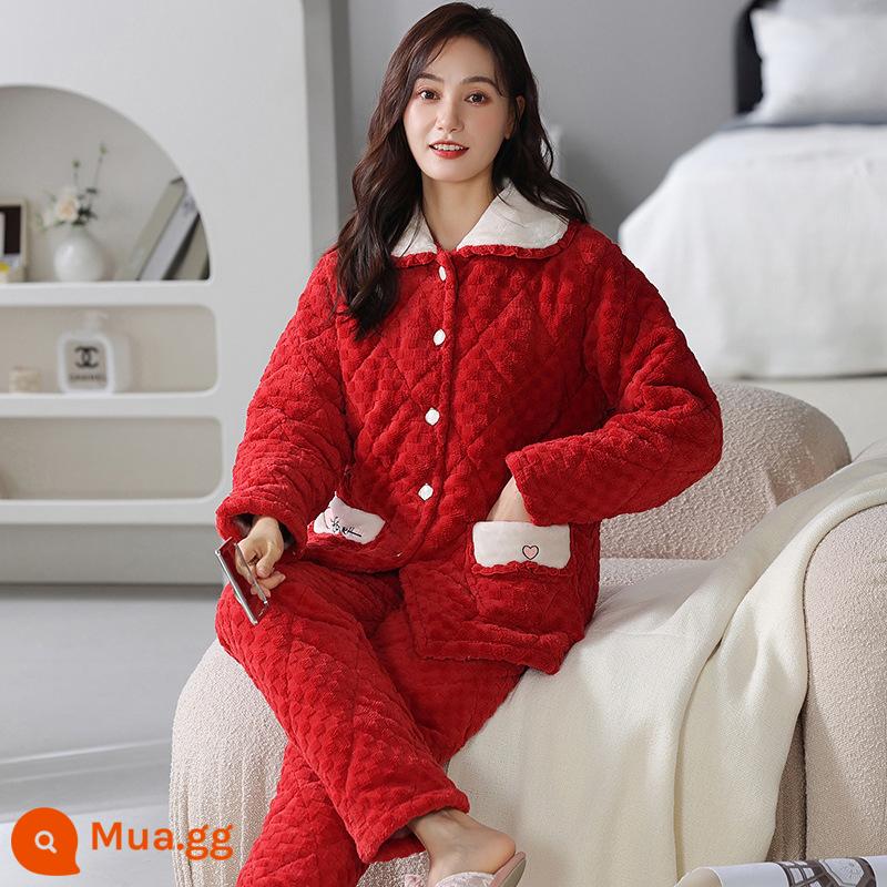 Pyjamas Winter's Winter Warm Fhamine ba -layer Cotton dày đặc và áo khoác Cotton Cotton Coral Velvet House Set - GZ182315