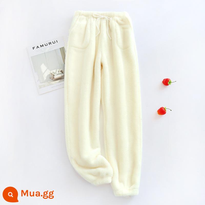 2022 Mới Rời Pyjama Quần Nữ Lười Thần Quần Người Yêu Dép Nỉ Giày Dày Ấm Nhà Quần Bó Chân - Quần dây rút vải flannel màu trắng