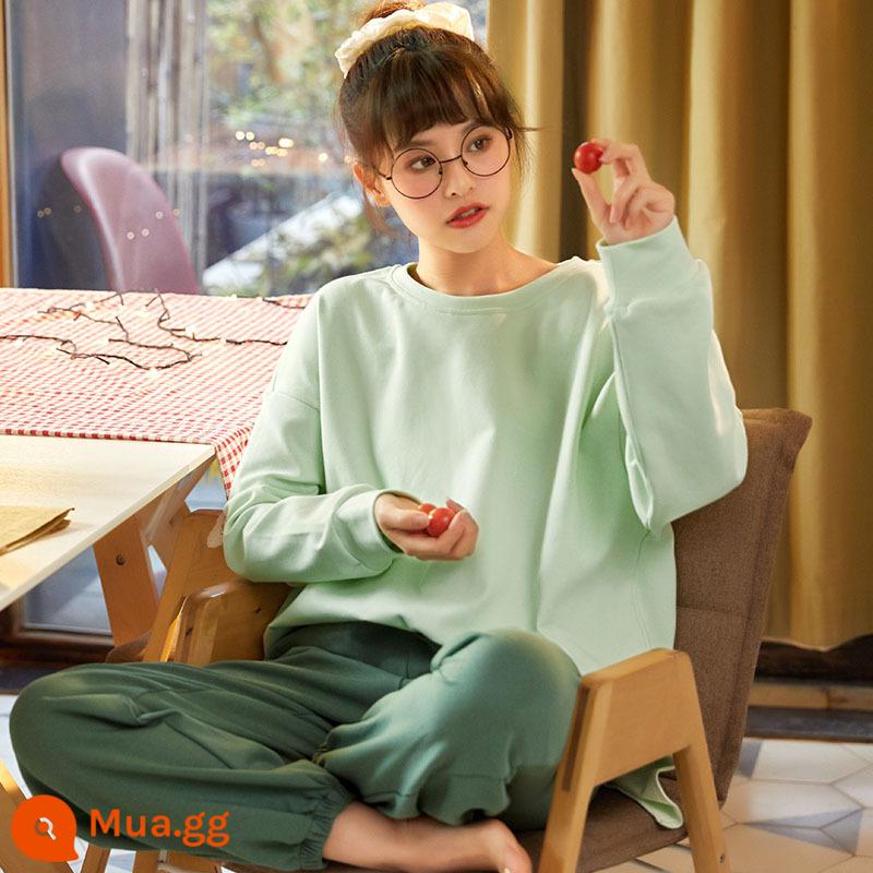 Pure cotton pyjama nữ mùa thu và mùa đông dài -sleeved fat sister lớn Size Hai phiên bản Hàn Quốc của bộ phim hoạt hình dễ thương nhà bình thường - Xanh nhạt + xanh đậu