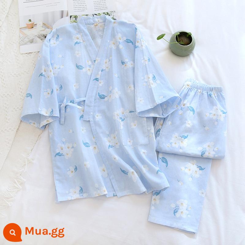 Nhật Bản tươi Kimono Pyjamas Nữ Mùa xuân và Autumn Air -Chiped Seven -Point Sleeve Cotton Garenze Beauty Home Sweat - hoa anh đào màu xanh nhạt