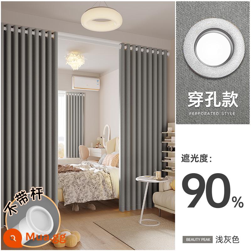 Pháp Kem Gió Màn Full Mất Điện 2022 Mới Phòng Ngủ Cao Cấp Phòng Khách Dày Cotton Linen Bay Cửa Sổ Loại móc - Phiên bản đục lỗ màu xám nhạt