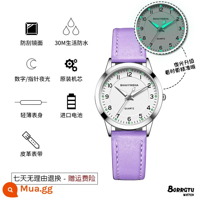 Xem Phong cách nữ Phong cách phiên bản Hàn Quốc của Tính khí đơn giản Xiao Qingxin Girl Junior School School Học sinh Night Light Waterproof Belt Quartz Watch - Bạc-Tím [Miễn phí thắt nút vòng tay + bảo hiểm cước vận chuyển + bảo hành 5 năm]