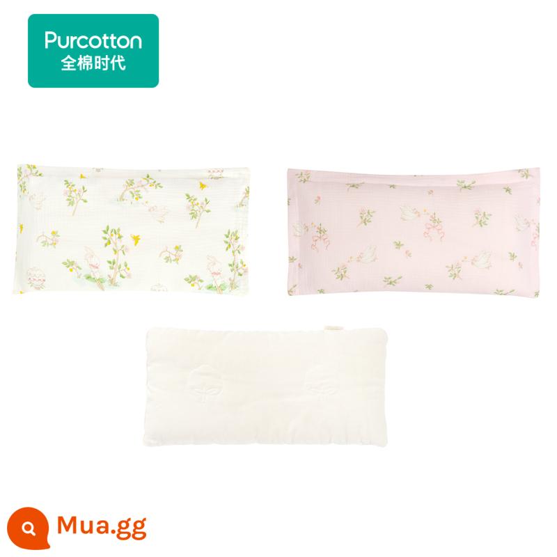 Cotton thời đại gạc vuông gối cho bé Bộ gối trẻ em lõi gối mẫu giáo - [Phong cách Crepe] Vùng đất bí mật mùa xuân + Bột vườn thiên nga (25 * 50 cm) Vỏ gối * 2 + Lõi gối * 1