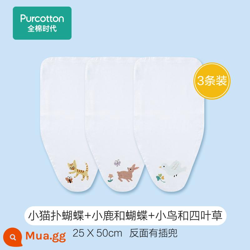 Cotton era khăn bông thấm mồ hôi cho bé mẫu giáo đệm lưng khăn lớn bé trai và bé gái khăn thấm mồ hôi gạc - Mèo con vẫy bướm + hươu và bướm + chim và cỏ bốn lá [25*50cm]