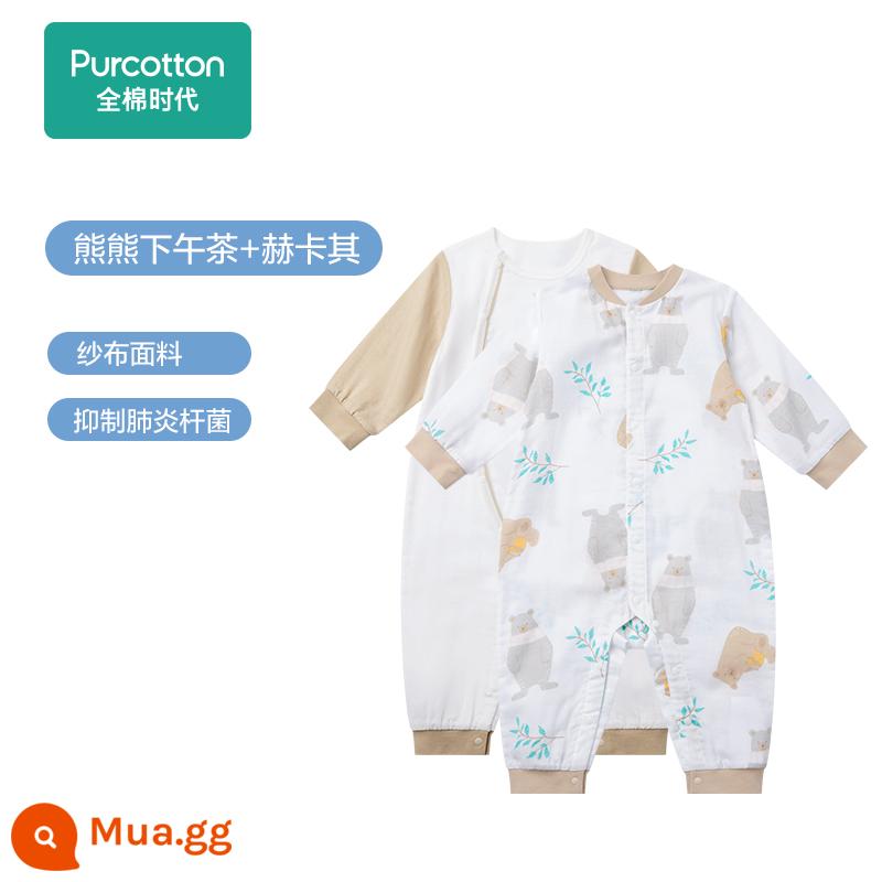 Cotton Thời Đại Sơ Sinh Jumpsuit Body-Phù Hợp Kháng Khuẩn Nguyên Chất Cotton Gạc Trẻ Em Bé Áo Liền Quần Liền Quần 2 Cái - [Phong Cách Gạc Kháng Khuẩn] Trà Chiều Gấu + Hekhaki