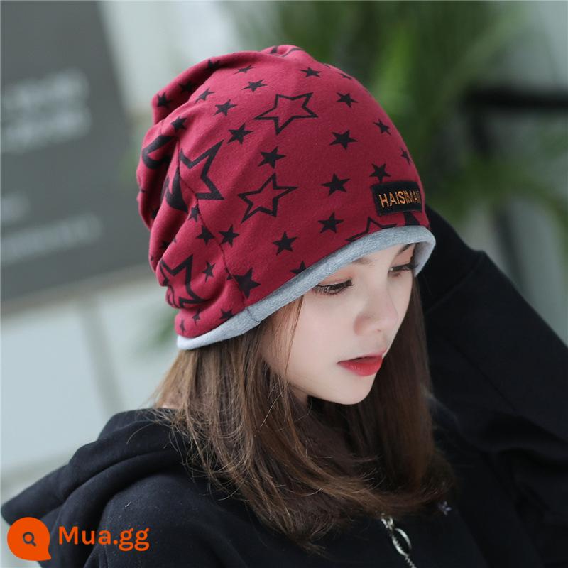 Ngoài Trời Mùa Thu Và Mùa Đông Ấm Cổ Khăn Magic Turban Bảo Vệ Mặt Cổ Tay Nam Nữ Bảo Vệ Cổ Dày Khăn Chui Đầu mũ Cotton - Ngôi sao năm cánh màu đỏ rượu vang