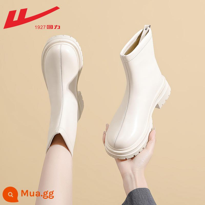 Hui Martin Boots Mô hình phụ nữ 2022 Mùa xuân và Mùa thu và Mùa đông dày Đế dày cộng với Boots Velvet Women Style Style Single - 1084 Màu be [Lớp lót một lớp] Kiểu dây kéo gót chân