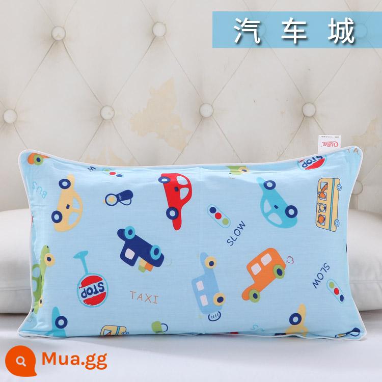 Nguyên chất cotton trẻ em Áo gối hoạt hình cotton cho bé học sinh mẫu giáo dây kéo áo gối nam nữ vỏ gối nhỏ dễ thương - thành phố xe hơi màu tím