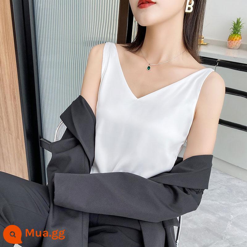 Áo yếm bên trong nữ màu trắng và đen bộ đồ mùa hè đáy áo sơ mi axetat mô phỏng lụa satin cổ chữ V - Cổ chữ V màu trắng