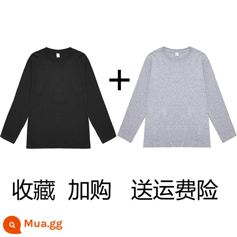 (Mua một tặng một) Áo phông dài tay cotton nguyên chất nặng 200g Tân Cương Áo thun có đáy cotton trơn màu rộng rãi cho nam và nữ - Đen + xám gai dầu