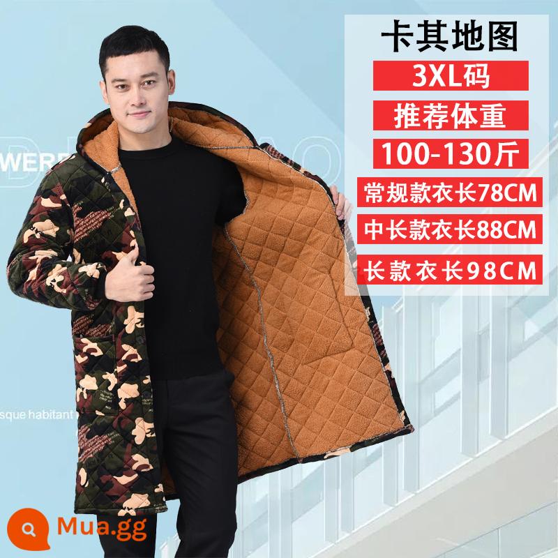 Mùa thu và mùa đông cộng với nhung dày bao gồm những người đàn ông dành cho nữ trưởng - Khaki Map phiên bản dài vừa/3XL