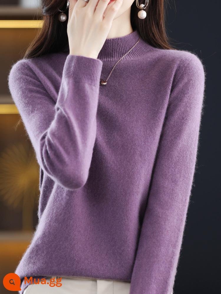 Ordos Liền Mạch Áo Len Cashmere Nữ 100 Cashmere Nguyên Chất Thu Đông Nửa Rùa Cổ Len Dệt Kim Đáy Áo Len - tím đậm