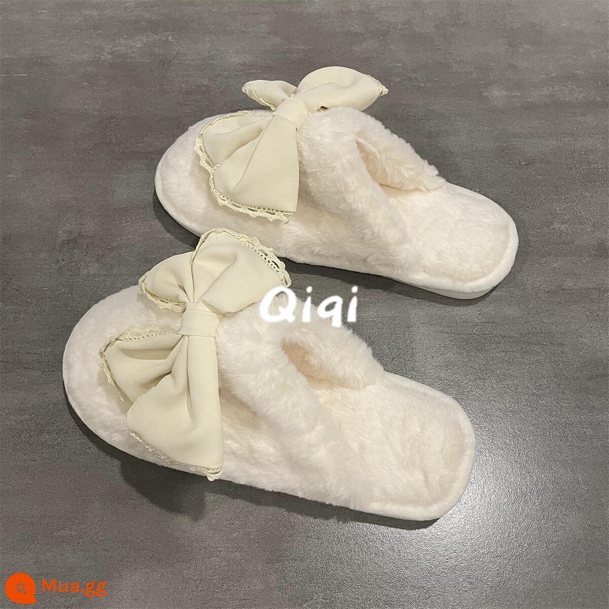 Qiqi Master Nơ Lớn Trắng Plus Nhung Nhà Ấm Dép Bông Đi Trong Nhà Nữ Chống Trơn Trượt Giày Lông Bao Đầu - Trắng