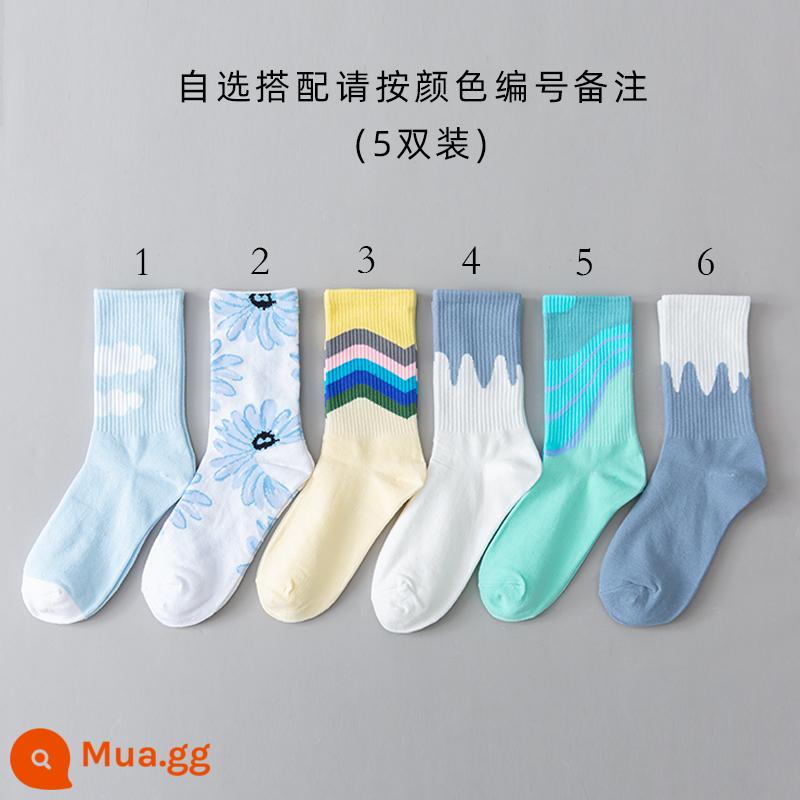 Tất dành cho nam và nữ theo xu hướng vớ cotton nguyên chất giữa ống thể thao mùa xuân và mùa hè vớ đôi nhiều màu sắc hợp thời trang dành cho nữ thương hiệu trượt ván đường phố - 5 đôi tùy bạn lựa chọn