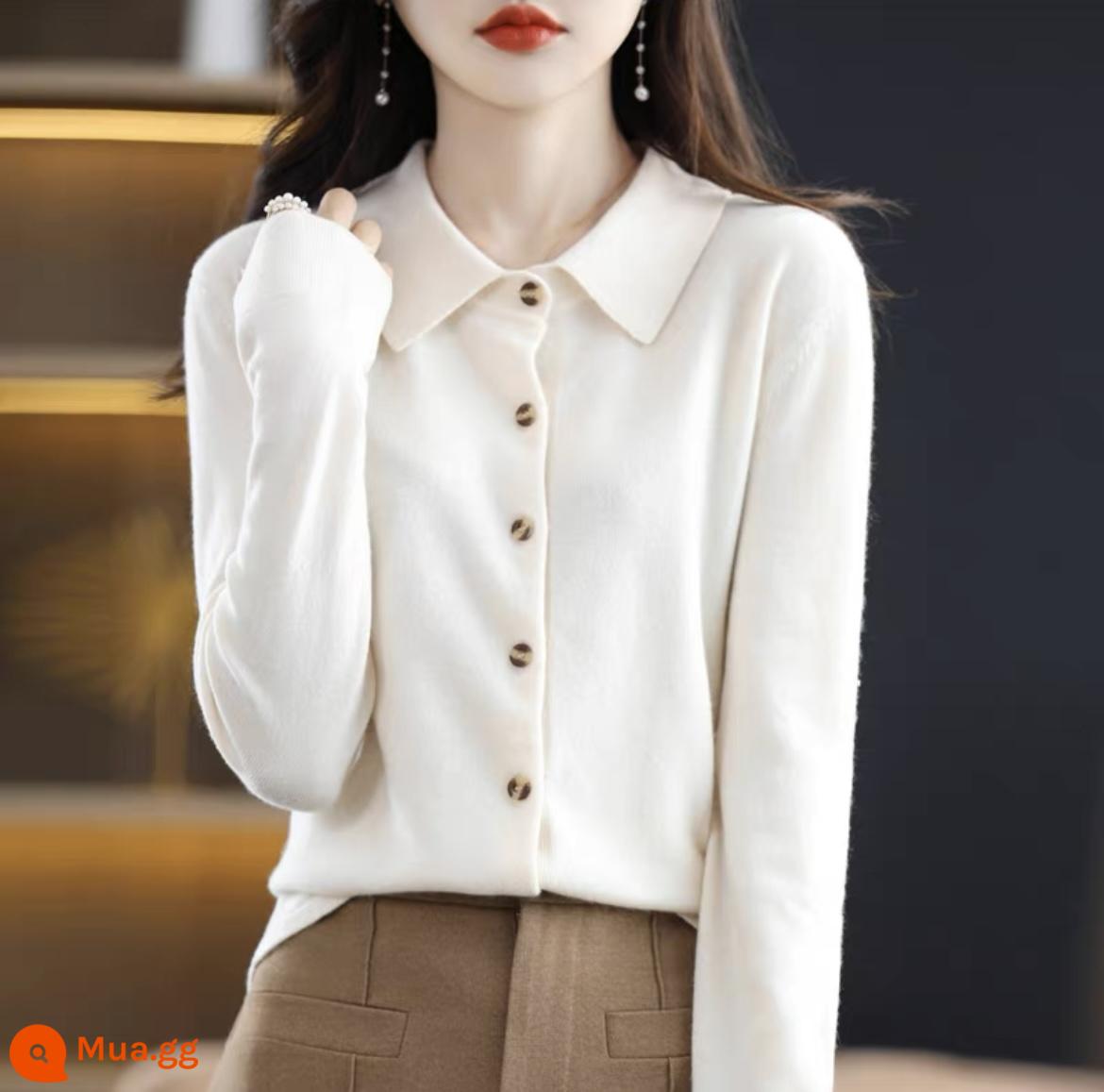 Phong Cách Mùa Xuân 100 Áo Len Cashmere Nữ Cardigan Cổ Áo Sơ Mi Tinh Tế Cổ POLO Áo Len Dài Tay Len Đáy Áo Len - màu be