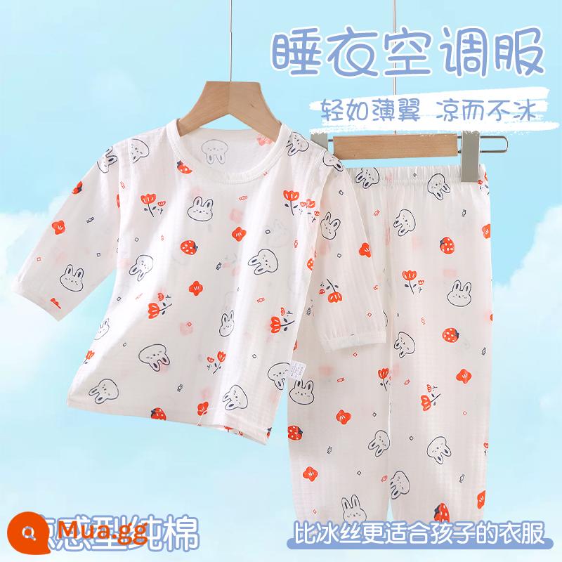 Bộ đồ ngủ trẻ em bé trai mùa hè cotton mỏng quần áo điều hòa bé trai và bé gái bộ quần áo mặc ở nhà xuân thu bé gái - Thỏ dâu tây