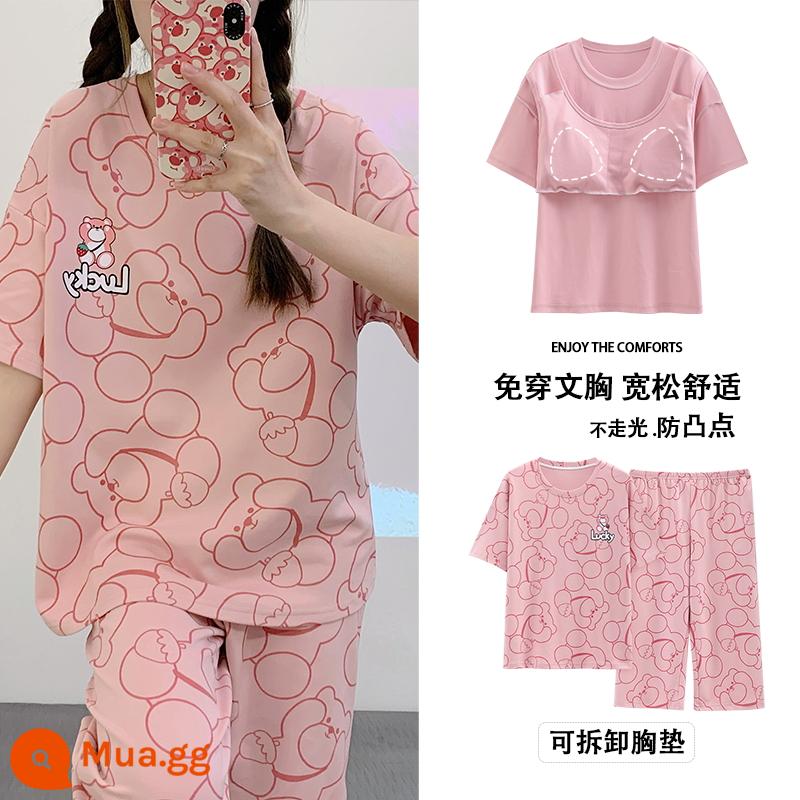 Bộ đồ ngủ có đệm ngực nữ ngắn tay cotton hè mẫu xuân thu 2023 bộ đồ mặc nhà mới mặc ngoài được - Jin Fei [Quần cắt]