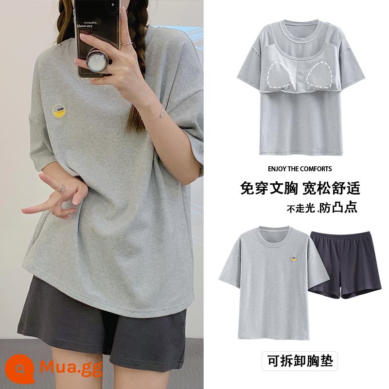 Bộ đồ ngủ có đệm ngực nữ ngắn tay cotton hè mẫu xuân thu 2023 bộ đồ mặc nhà mới mặc ngoài được - hoa dâm bụt