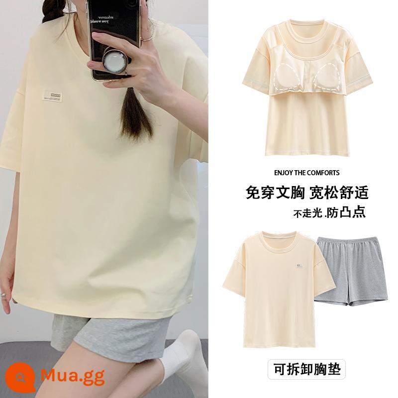 Bộ đồ ngủ có đệm ngực nữ ngắn tay cotton hè mẫu xuân thu 2023 bộ đồ mặc nhà mới mặc ngoài được - Kinh Lộ